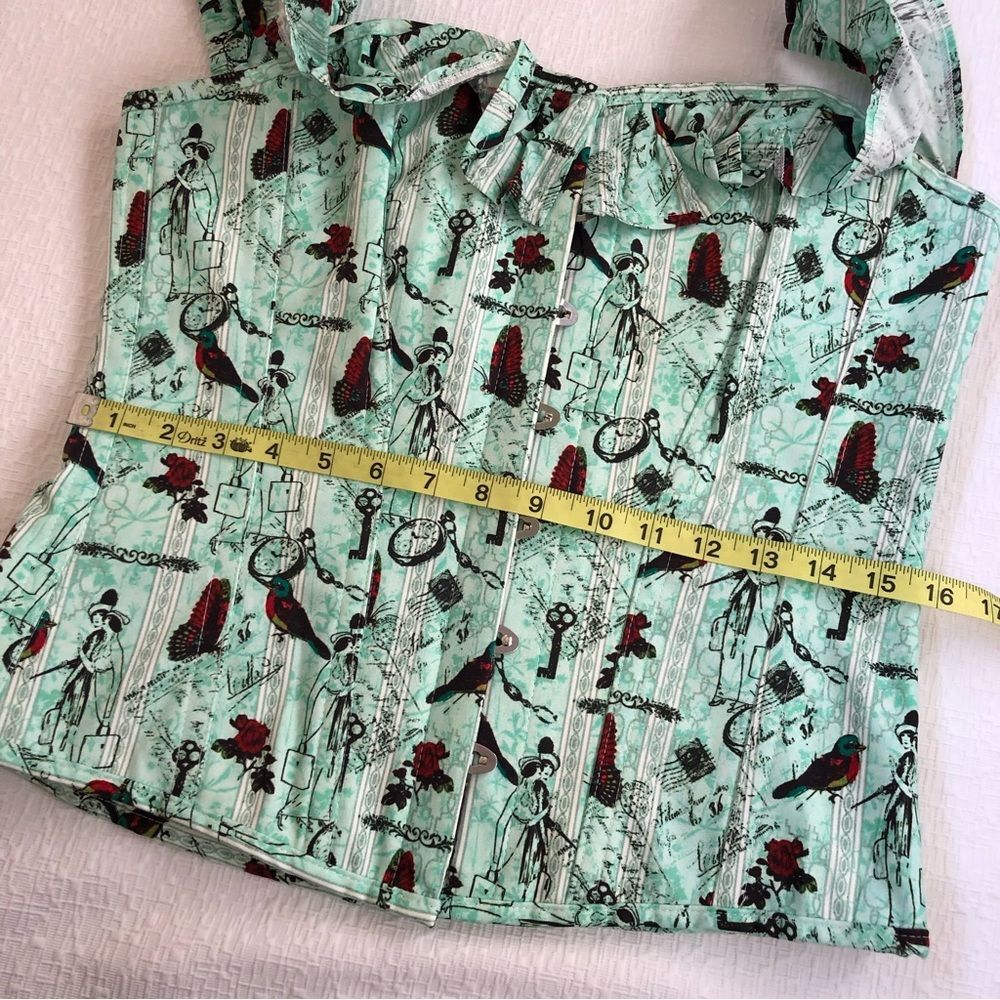 Corset Story Top UK 18 US 14 Novelty Rockabilly Turquoise Ruffle Bird Butterfly - Picture 10 of 15